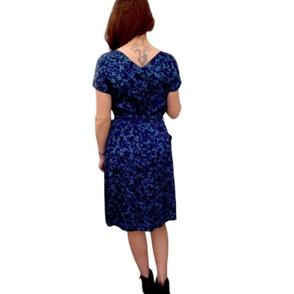 60s Blue Print Cocktail Dress with Jacket M S Vintage 1960s - Picture 4 of 9